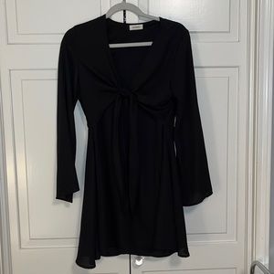 Black v-neck mini dress with tie detail
